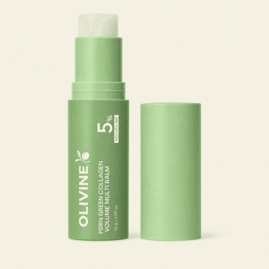 Olivine PDRN Green Collagen Volume Multi Balm open stick with cap on cream background