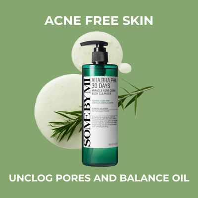 Olivine Beauty AHA BHA PHA Miracle Acne Clear Body Cleanser on green background with botanical tea tree leaves.