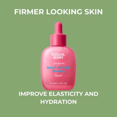 EQQUAL BERRY NAD+ Peptide Boosting Serum pink glass dropper bottle on green background showing firmer looking skin benefit