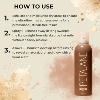 Step-by-step instructions for applying Olivine Beauty tanning mist: exfoliate, spray, and let develop for a floral-scented glow.