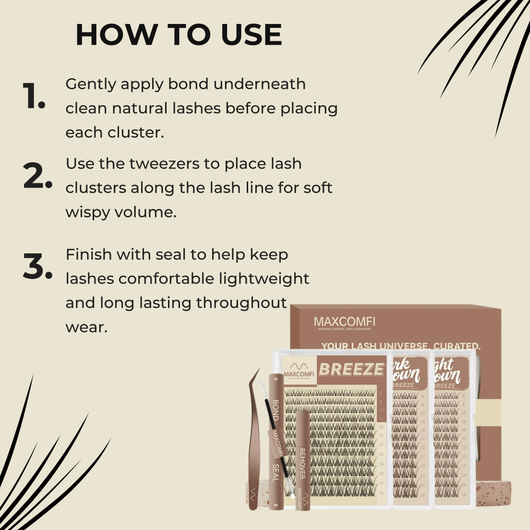 Step by step guide showing how to apply Maxcomfi lash clusters using bond seal and tweezers