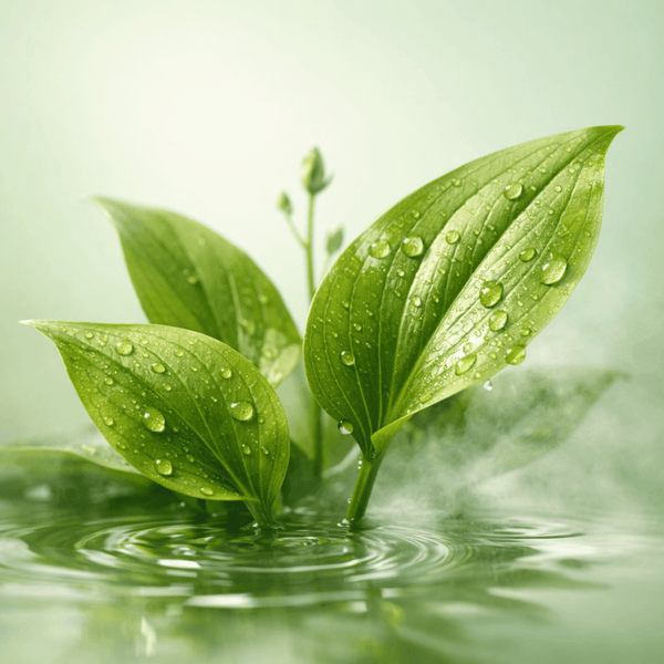 Olivine Beauty Alisma plant leaves with water droplets representing fluid balance and bloating support