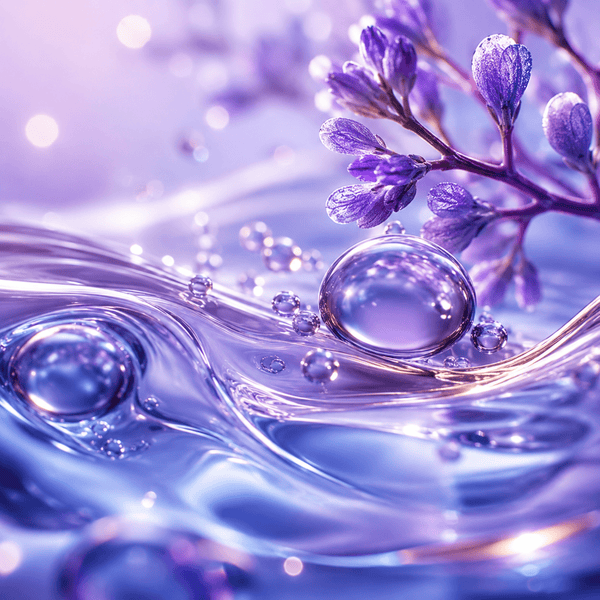 Luxurious bakuchiol inspired serum texture with glowing blue and lavender skincare aesthetic