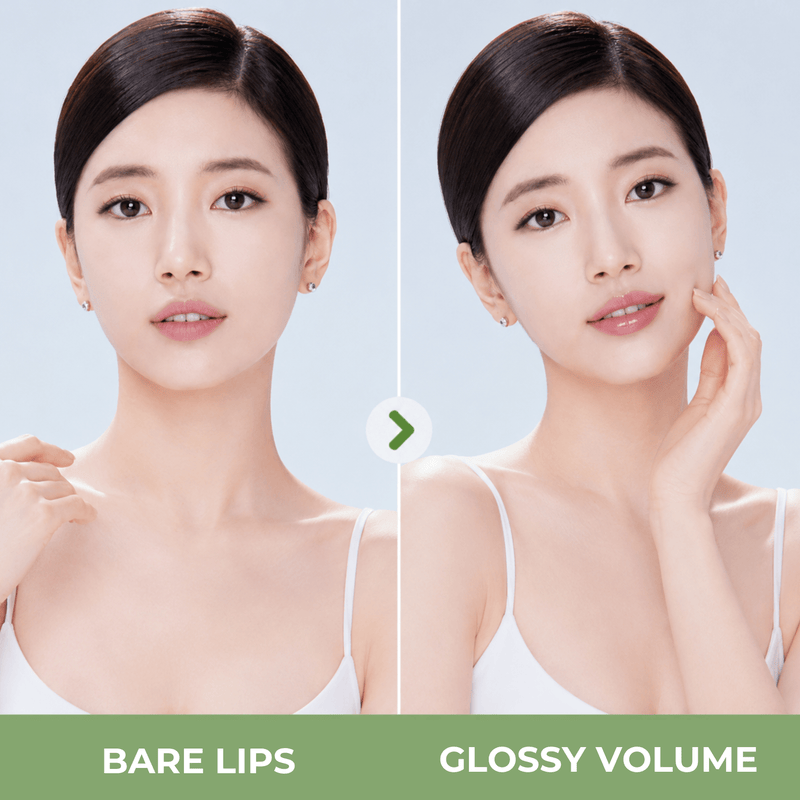Comparison showing natural bare lips and glossy fuller-looking lips after application.