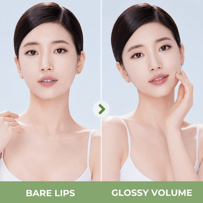 Comparison showing natural bare lips and glossy fuller-looking lips after application.