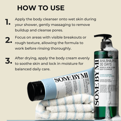 Steps showing how to use body cleanser and body cream for daily skincare routine