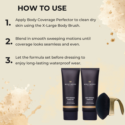 Step-by-step instructions showing how to apply Westmore Beauty Body Coverage Perfector using the X-Large Body Brush.