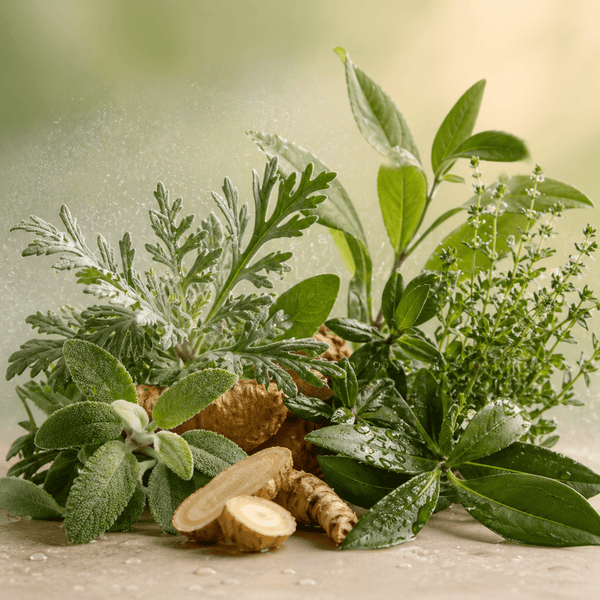 Natural botanical leaves representing calming and skin-balancing benefits