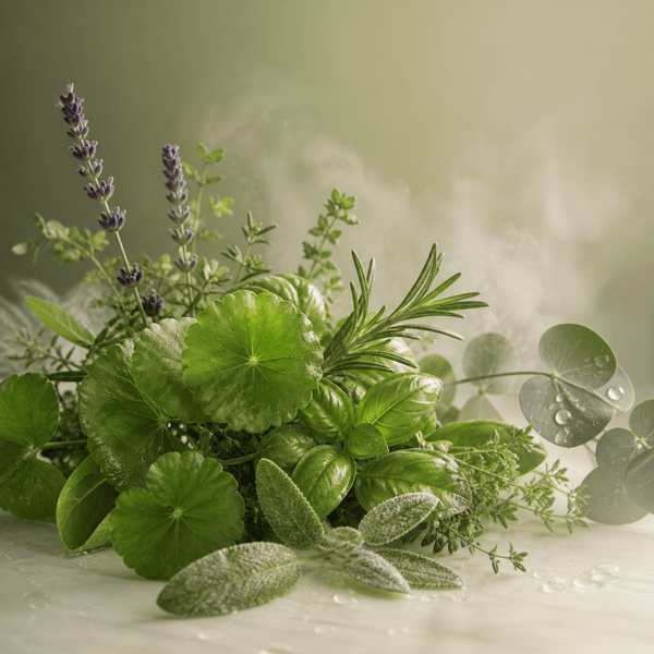 Mixed botanical leaves representing natural scalp nourishment and hair support