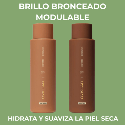 Botellas CYKLAR Self Tanning Milky Essence Light Medium y Medium Dark sobre fondo verde salvia con mensaje de brillo bronceado modulable