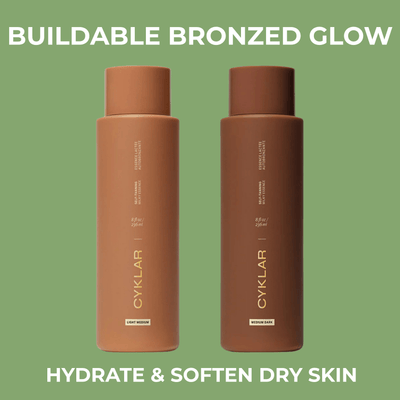 CYKLAR Self Tanning Milky Essence Light Medium and Medium Dark bottles on sage green background with bronzed glow messaging