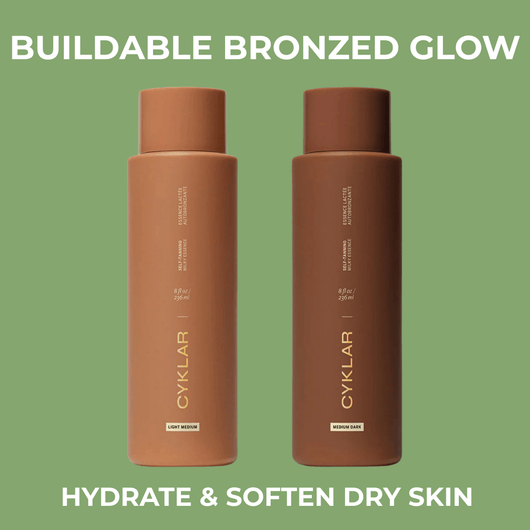 CYKLAR Self Tanning Milky Essence Light Medium and Medium Dark bottles on sage green background with bronzed glow messaging