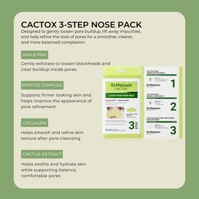 Olivine Beauty Cactox 3-Step Nose Pack ingredients including AHA PHA peptide complex collagen and cactus extract for pore cleansing
