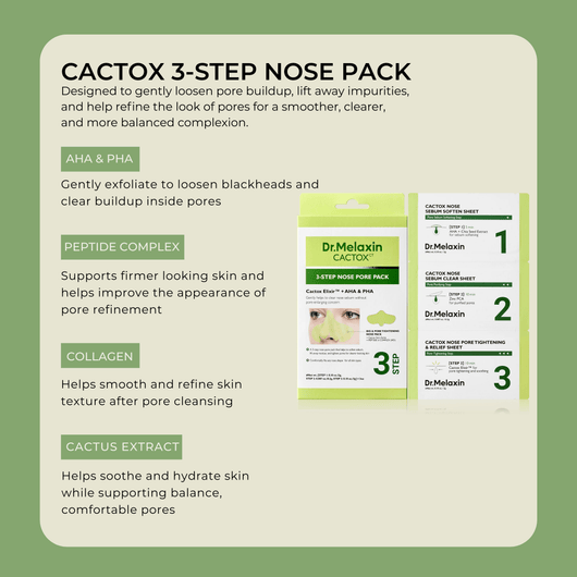 Olivine Beauty Cactox 3-Step Nose Pack ingredients including AHA PHA peptide complex collagen and cactus extract for pore cleansing