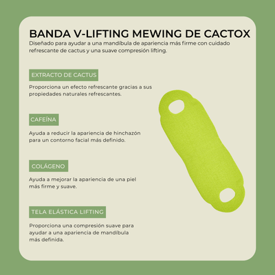 Ingredientes y beneficios de Olivine Beauty Cactox V-Lifting Mewing Band incluyendo extracto de cactus cafeína colágeno y tela elástica lifting