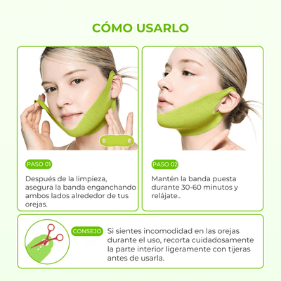 Mujer usando la banda Olivine Beauty Cactox V-Lifting Mewing Band mostrando cómo colocar correctamente la banda lifting facial