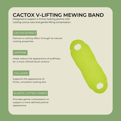 Olivine Beauty Cactox V-Lifting Mewing Band ingredients including cactus extract caffeine collagen and elastic lifting fabric