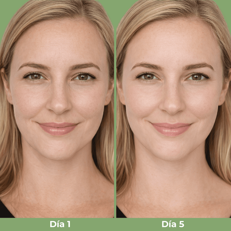 Comparación Día 1 y Día 5 mostrando una apariencia de mandíbula más definida con Olivine Beauty Cactox V-Lifting Mewing Band