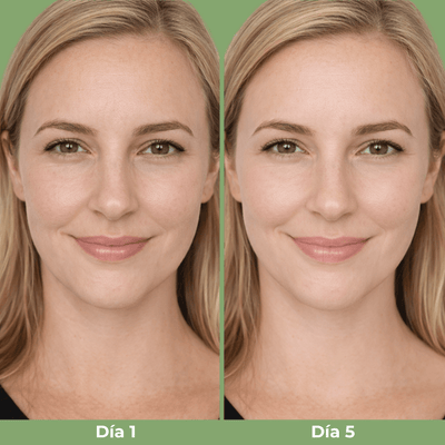 Comparación Día 1 y Día 5 mostrando una apariencia de mandíbula más definida con Olivine Beauty Cactox V-Lifting Mewing Band