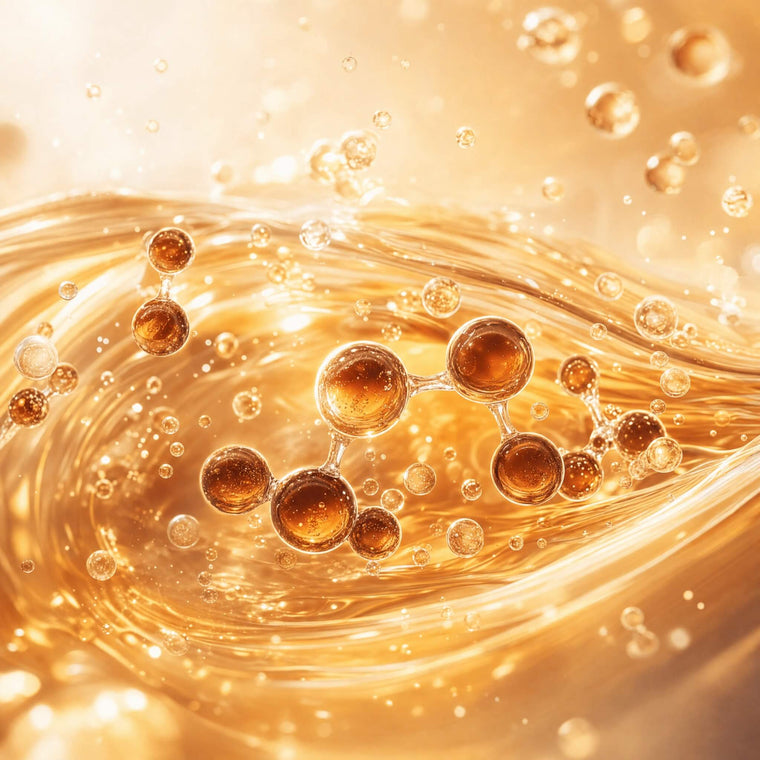 Caffeine key ingredient shown as energizing golden serum that de-puffs under-eyes — Olivine Beauty
