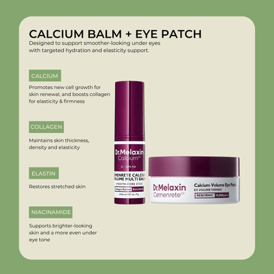 Olivine Beauty Calcium Balm and Eye Patch featuring key ingredients calcium, collagen, elastin and niacinamide for under eye hydration and firming support