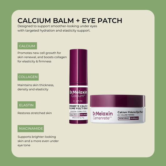 Olivine Beauty Calcium Balm and Eye Patch featuring key ingredients calcium, collagen, elastin and niacinamide for under eye hydration and firming support