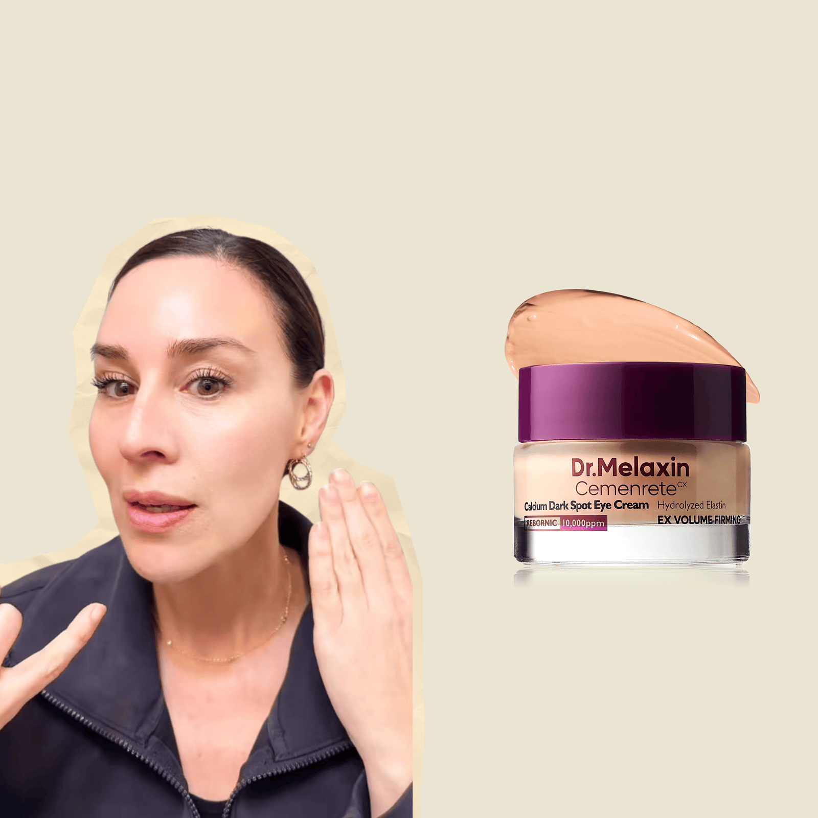 Woman demonstrating Olivine Beauty Calcium Dark Spot Eye Cream with visible brightening and smoothing effect