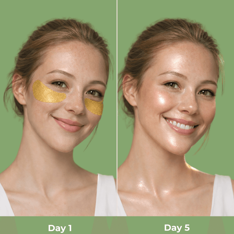 Olivine Beauty under eye patch results showing Day 1 and Day 5 glowing skin comparison