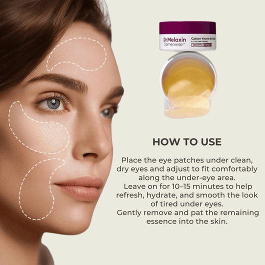 Olivine Beauty calcium eye patches applied under eyes to hydrate and refresh tired looking under eye skin