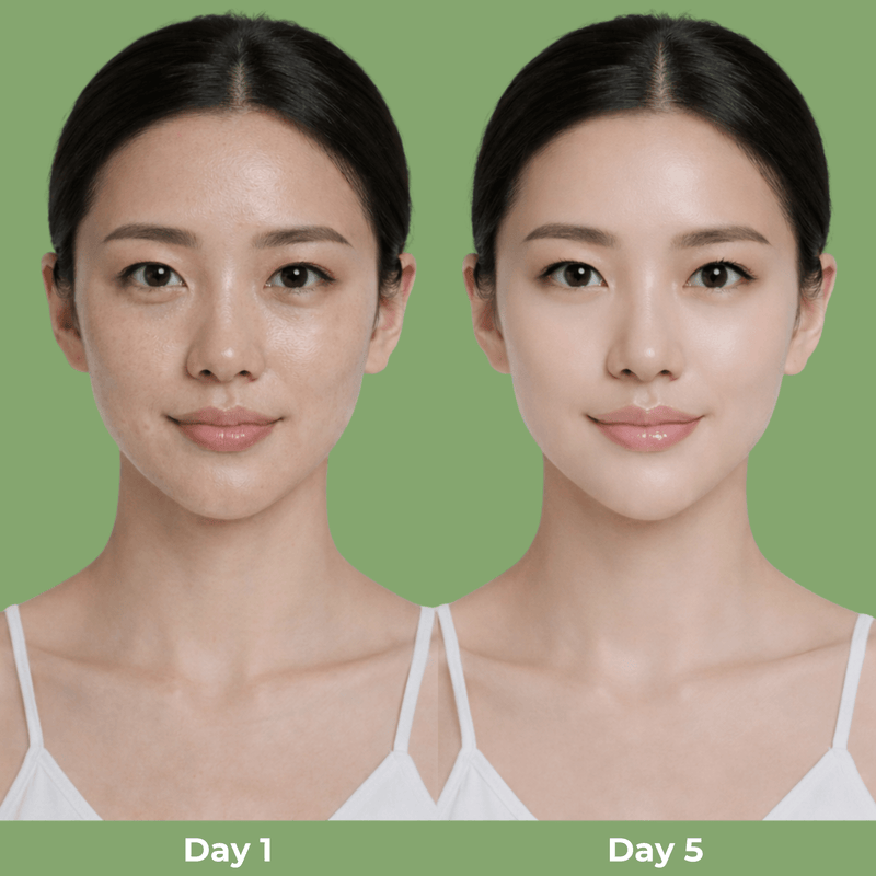 Olivine Beauty Calcium Multi Balm before and after showing smoother firmer more hydrated looking skin from day 1 to day 5