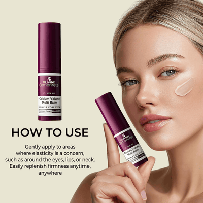 Olivine Beauty calcium multi balm stick applied to face to support elasticity firmness and wrinkle care
