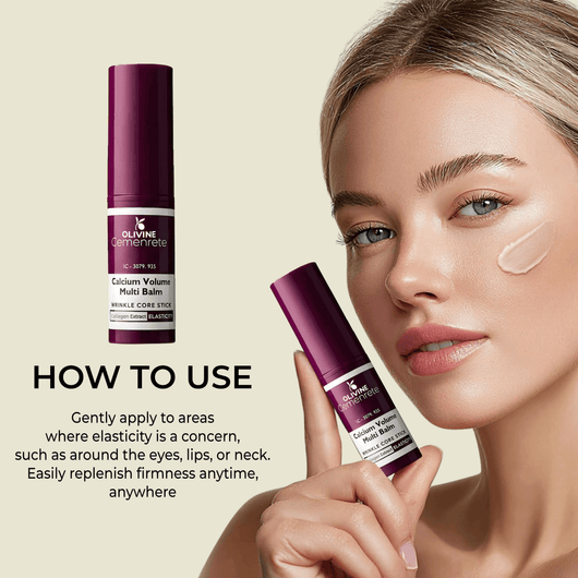 Olivine Beauty calcium multi balm stick applied to face to support elasticity firmness and wrinkle care