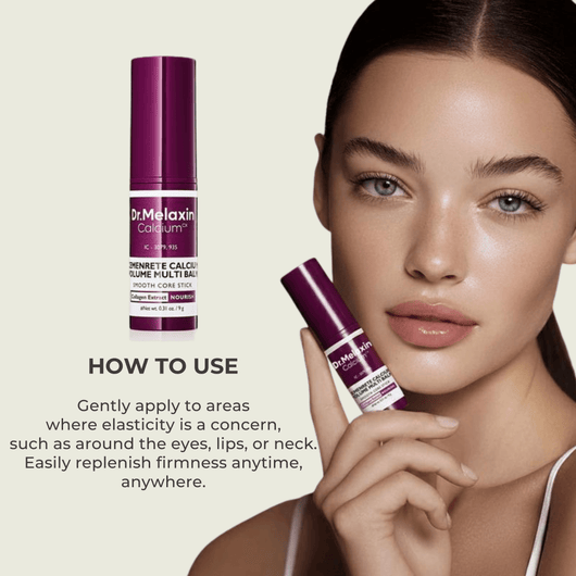 Model applying Olivine Beauty Calcium Volume Multi Balm wrinkle core stick for targeted hydration and skin elasticity support