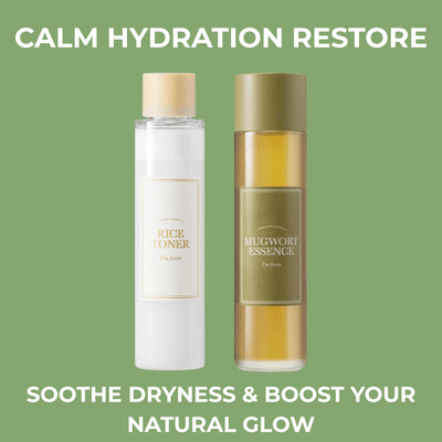 Rice toner and mugwort essence skincare duo with hydration-focused headline