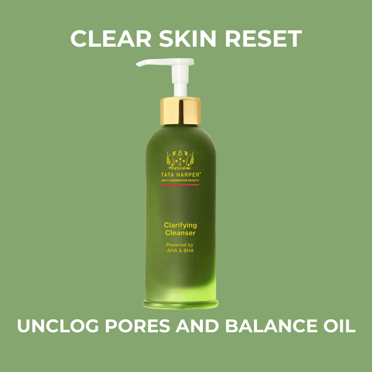 Olivine Beauty clarifying cleanser bottle with clear skin reset and oil balance message