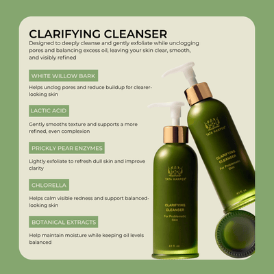 Clarifying cleanser with key ingredients white willow bark lactic acid prickly pear enzymes