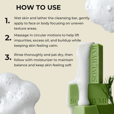 Olivine Beauty cleansing bar usage steps showing lathering cleansing and rinsing for balanced skin care routine