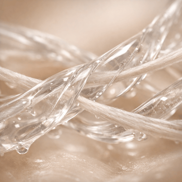 Olivine Beauty collagen and elastin gel strands representing elasticity and suppleness
