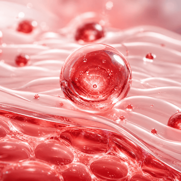 Luxury collagen extract visualization with red hydration spheres and moisture textures.