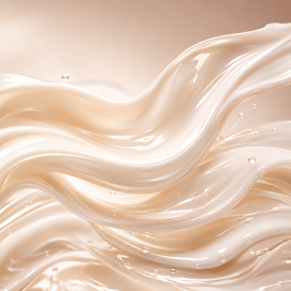 Silky flowing cream textures with glossy elastic movement representing supple hydrated-looking skin.