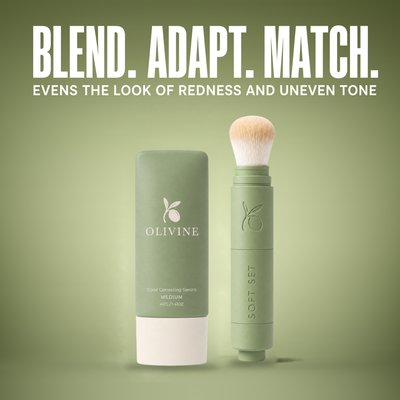 Color Correcting Serum in Medium beside the powder brush, a skincare serum that covers the look of redness, never cakey