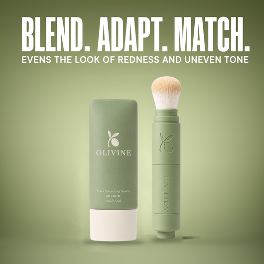 Color Correcting Serum in Medium beside the powder brush, a skincare serum that covers the look of redness, never cakey