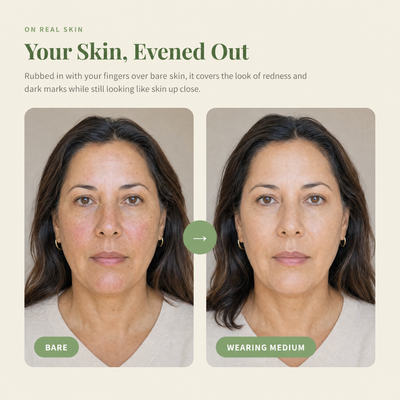 Bare skin beside the same woman wearing Color Correcting Serum in Medium, redness and dark marks looking evened out