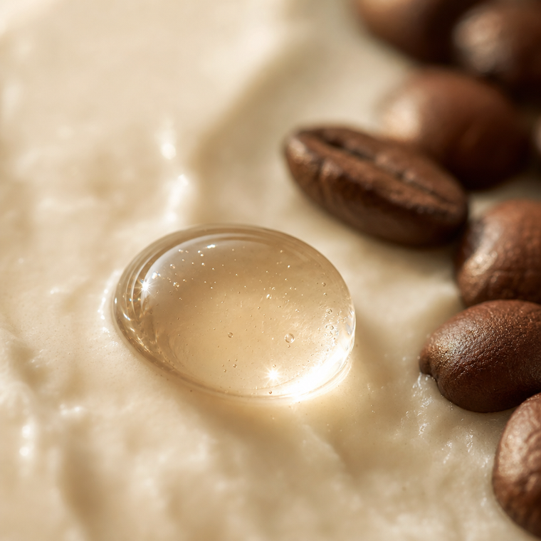 Serum droplet beside coffee beans