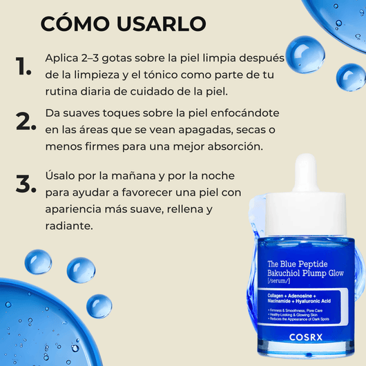 Guía de uso de COSRX Blue Peptide Bakuchiol Plump Glow Serum con gráficos de hidratación