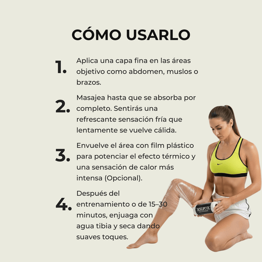 Guía de uso del Olivine Beauty Cryo Thermo Firming Gold Gel para abdomen muslos y brazos
