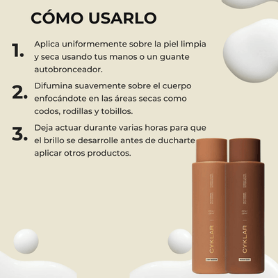 Instrucciones de uso de CYKLAR Self Tanning Milky Essence con pasos de aplicación y variantes Light Medium y Medium Dark