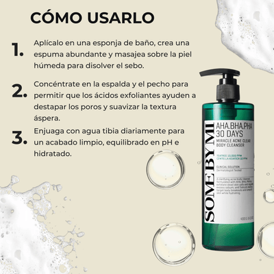 Instrucciones de uso del limpiador corporal exfoliante para piel con acné