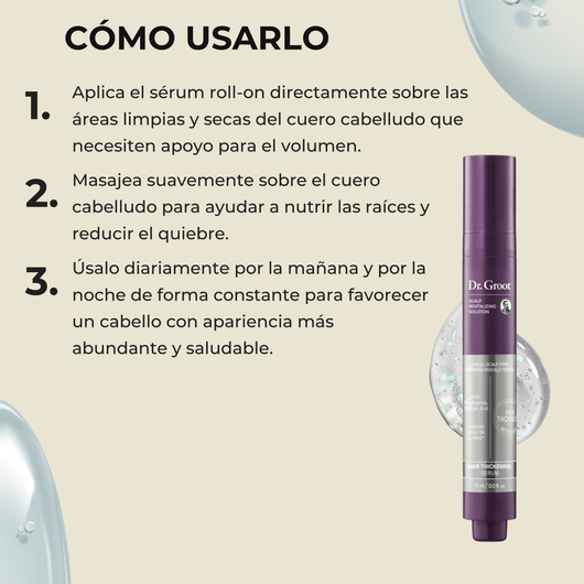 Olivine Beauty guía de aplicación del sérum revitalizante capilar Dr. Groot para uso diario