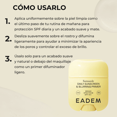 Guía de uso de EADEM Sunsuede Daily Sunscreen and Blurring Primer SPF 50